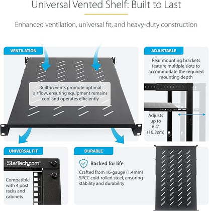 StarTech.com 1U 4-Post Server Rack Shelf, Vented, Adjustable Mounting Depth (28-34.4in/71.1-87.3cm), 150lb (68kg) Capacity