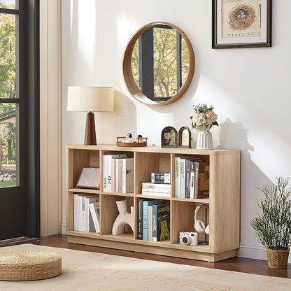 8 Cube Storage Book Shelf, 52" Long Horizontal Bookshelf with Curved Edge, Floor Standing Wooden Cubby Bookcase with Base, Modern Low Console Book Case, TV Stand for Living Room, Natural Oak