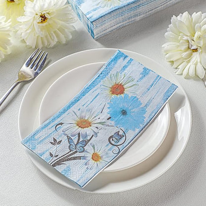 Karenhi 200 Pcs Blue Floral Napkins 2 Ply Daisy Disposable Hand Towels for Bathroom Flower Disposable Napkins Summer Decorative Disposable Napkins Paper Hand Towel for Baby Shower Birthday Party