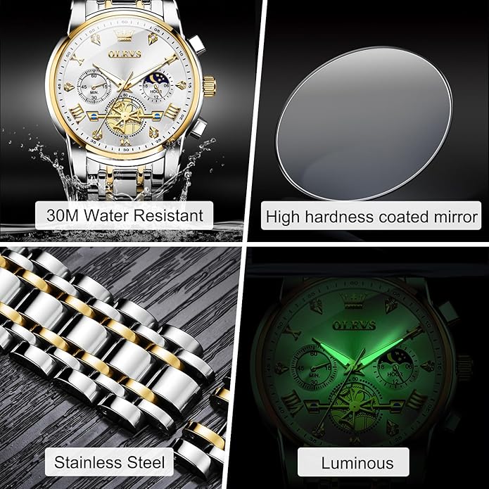 OLEVS Men Watches Stainless Steel Chronograph Watch, Large Wrist Analog Quartz Watch, Fashion Waterproof Diamond Roman Numerals Dress Watches for Men, Gold/Black/White/Blue/Grey Dial