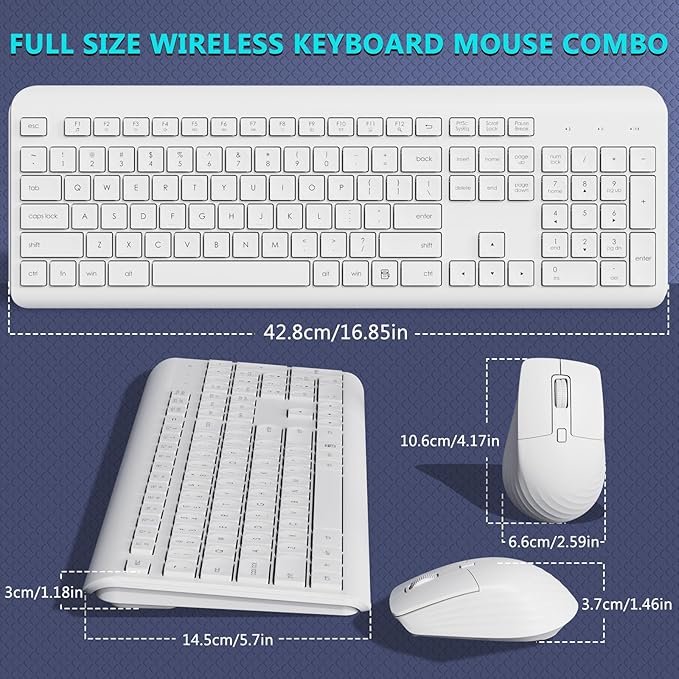 Wireless Keyboard and Mouse Combo, 2.4G Lag-Free Full Size Computer Keyboard and Ergonomic Adjustable DPI Silent Contoured Optical Mouse, Long Battery Life for PC, Windows, MAC Laptop (White)