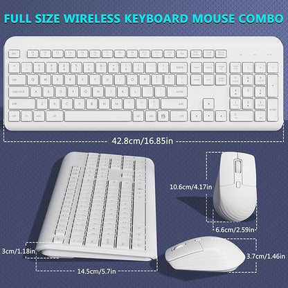 Wireless Keyboard and Mouse Combo, 2.4G Lag-Free Full Size Computer Keyboard and Ergonomic Adjustable DPI Silent Contoured Optical Mouse, Long Battery Life for PC, Windows, MAC Laptop (White)
