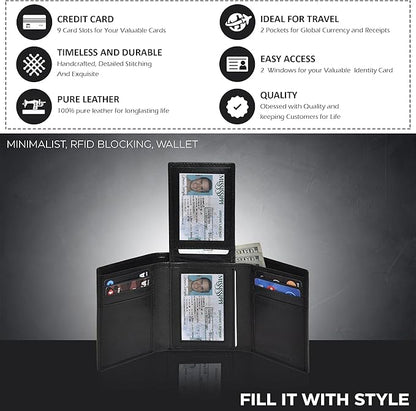 Real Leather Mens Trifold Wallet RFID Blocking Slim Minimalist Front Pocket - Thin & Stylish with ID Window in Gift Box