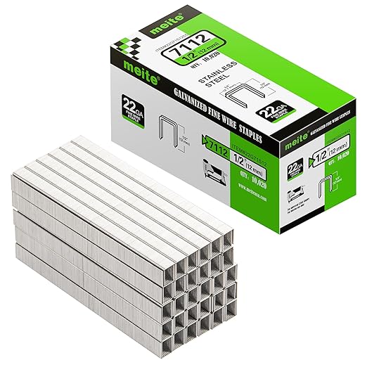 meite 71/12 22 Gauge 304 Stainless Steel Upholstery Staples, 3/8-Inch Crown with 1/2-Inch Leg Length, Heavy Duty Staples for Construction, Furniture, Crafts & DIY Projects (1 Case - 20 Boxes)