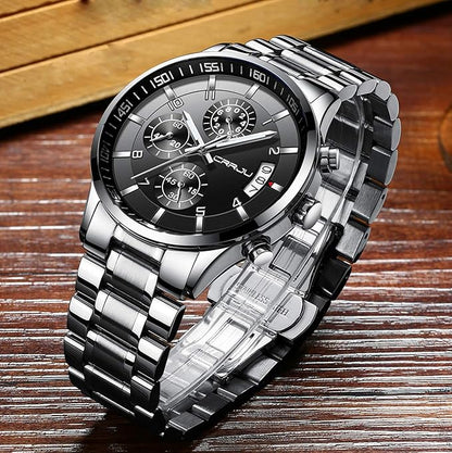 CRRJU Men's Fashion Stainless Steel Watches Date Waterproof Chronograph Wristwatches,Black Steel Band Waterproof Quartz Watch for Men