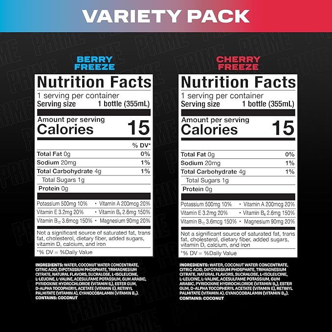 PRIME HYDRATION Duo - Blue Freeze & Cherry Freeze, Sports Drinks, Electrolyte Enhanced for Ultimate Hydration, 250mg BCAAs, B Vitamins, Antioxidants, Low Sugar, 12 Fl Oz (Pack of 24)