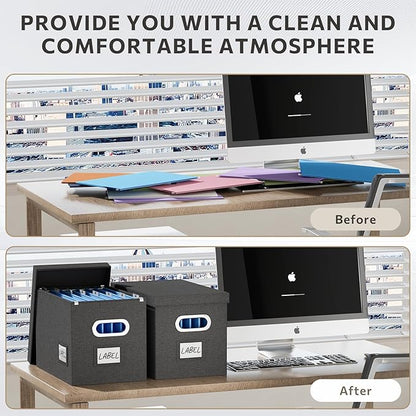 File Organizer Box with Lid - Set of 2 Portable Hanging File Box, Collapsible Linen Decorative Filing Storage Boxes for Office & Home File Cabinet (Black 14 x 9.3 x 10.9 inch)