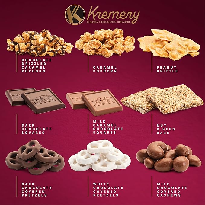 KREMERY Creamy Chocolate Cravings - Thanksgiving Chocolate Covered Pretzels & Caramel Popcorn Gift Basket, in Seagrass Tray + Ribbon (Deluxe, 3.5 lbs) Holiday Xmas Christmas
