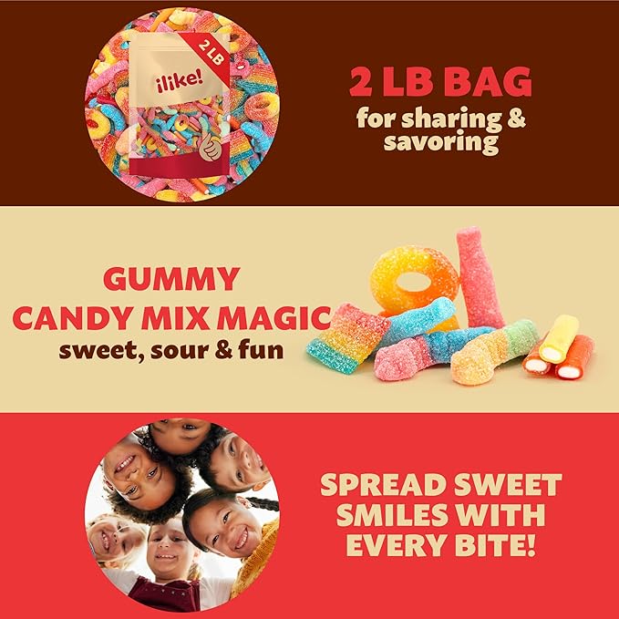 Gummy Candy Mix 2-Pound Bag | Peach Rings, Pencil Bites, Worms, Bottles, Belts | Sour and Sweet Treats