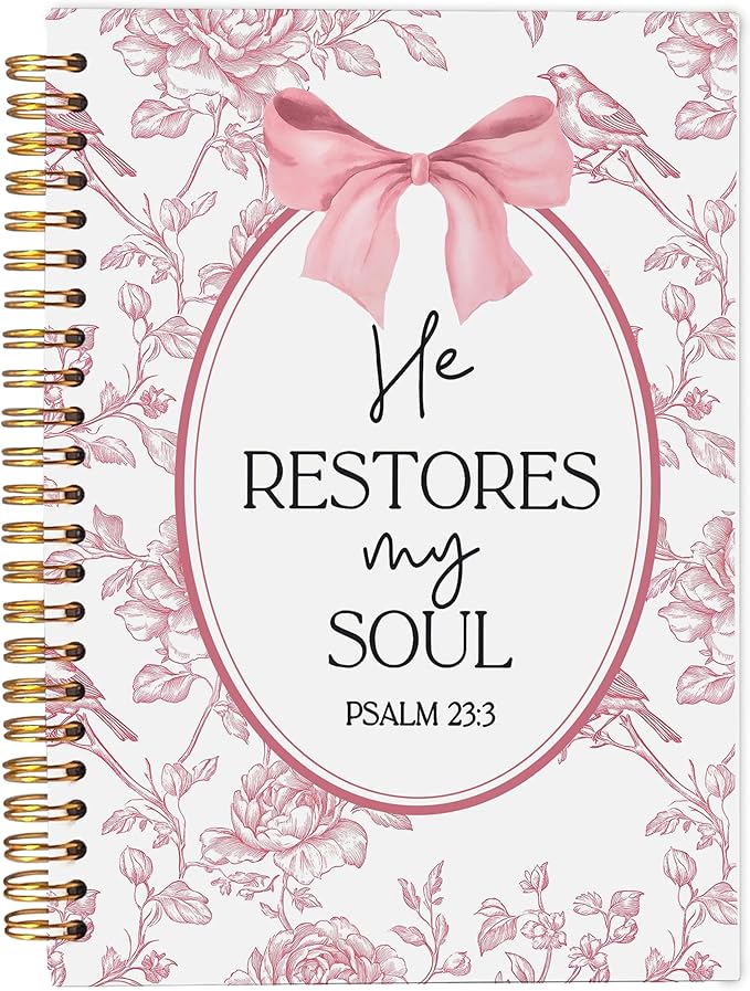 Christian Notebook for Women, Christian Art Gifts Journal, Prayer Journal for Women, Bible Journaling Notebook, PSALM 23:3 He Restores My Soul Floral Spiral Notebook 5.5x8.3