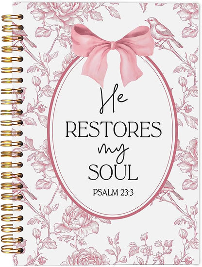 Christian Notebook for Women, Christian Art Gifts Journal, Prayer Journal for Women, Bible Journaling Notebook, PSALM 23:3 He Restores My Soul Floral Spiral Notebook 5.5x8.3