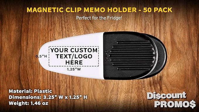 50 Magnetic Memo Holders Set - Customizable Text, Logo - Large Clip, Plastic - White Black