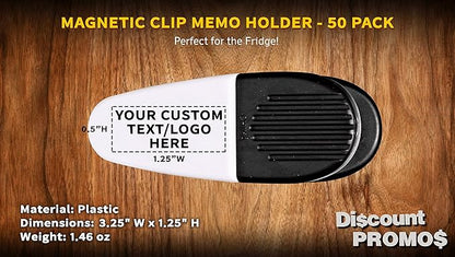 50 Magnetic Memo Holders Set - Customizable Text, Logo - Large Clip, Plastic - White Black