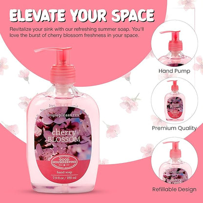 SIMPLE PLEASURES Premium Hand Soap Refills - Cherry Blossom Scent, 7.9 oz Bottle with Jumbo 59 oz Refill - Goodhousekeeping Seal Approved - Multiple Scents Available- Cherry Blossom Soap