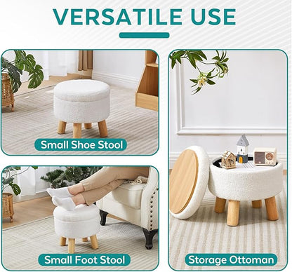Small Foot Stool Ottoman with Storage, Sherpa Ottoman Foot Rest for Couch, Round Footstool with Storage, Small Ottomans and Footstools for Living Room and Entryway (White)