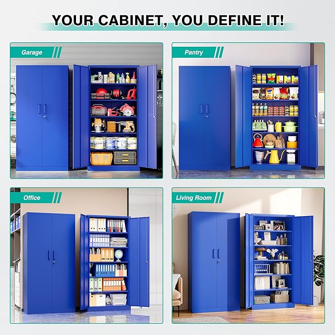 Blue Metal Storage Cabinet with 6 Shelves,71" Garage Storage Cabinet with Lock,6 Tier Steel Cabinets with Locking Doors,Lockable Cabinets for Home,Office,Shop,Garage