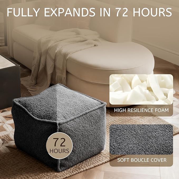 Square Boucle Pouf Ottoman Footrest – Soft & Lightweight Footstool with Foam Filling for Living Room & Bedroom, Laid-Back Lounge Style