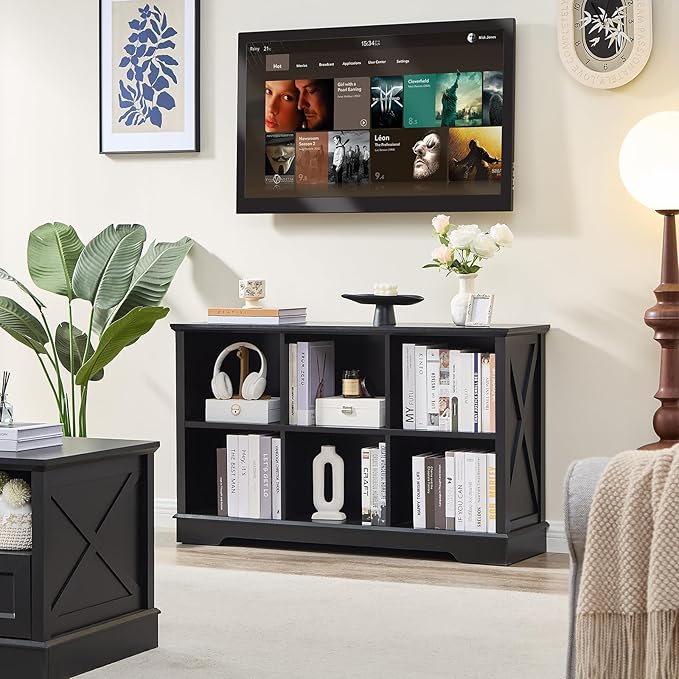Book Shelf, 6 Cube Storage Organizer, 2-Tier Open Shelf Wooden Bookcase, Freestanding Wood Cube Storage Bookshelf for Bedroom, Living Room, Home Office (Black)