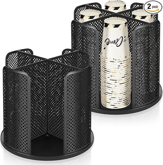 Hoolerry 2 Pcs Cup and Lid Organizer, 360° Rotatable Coffee Cup Holder for Disposable Plastic and Paper of 5 to 16 oz, Dispenser with 4 Compartments for Countertop Coffee Station Office Bar(Black)