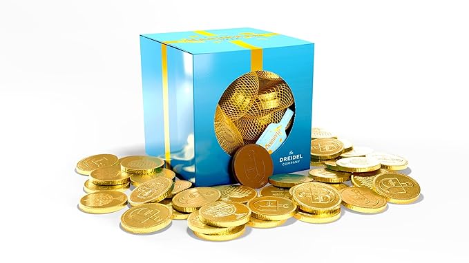 The Dreidel Company 10 Mesh Bags Original Hanukkah Chocolate Gelt Gold Coins, With Dreidel and Menorah Design Made with Premium Belgian Milk Chocolate, Gluten Free, Non-GMO, Kosher Certified 10 Count