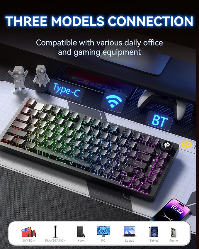 LEOBOG HI75C Pro Mechanical Wireless Keyboard, 75% TKL RGB Backlit Buletooth Mechanical Keyboard with Hot Swappable Reaper Switch for MAC/Window/Andriod/PC Gaming - Turquoise Switch, Black