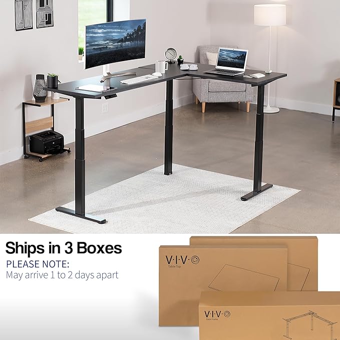 VIVO Electric 78 x 55 inch Square Corner Memory L Shaped Stand Up Desk, Black Table Top, Black Frame, Corner Height Adjustable Workstation, 3E-S Series, DESK-KIT-3E5SB