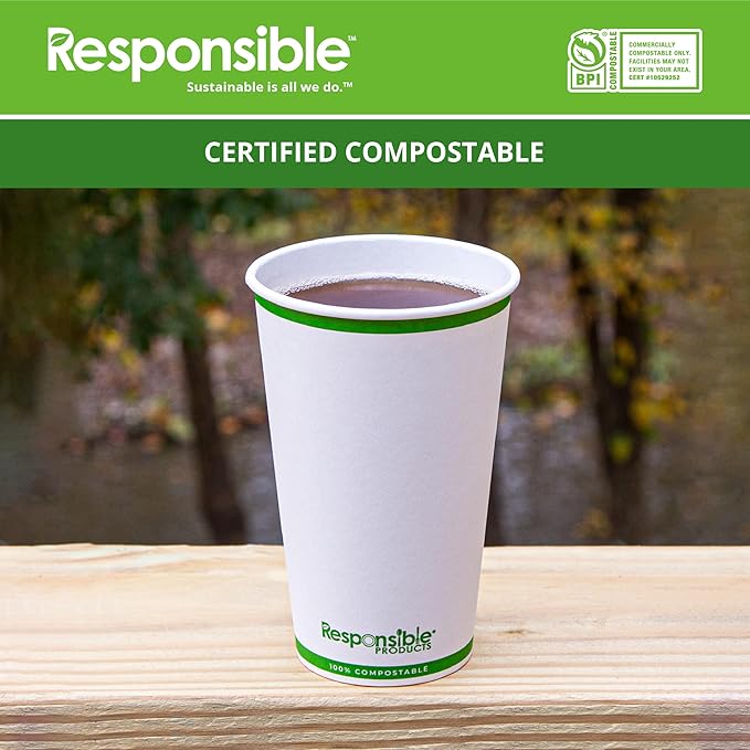 Responsible Products Certified Compostable 16 oz Paper Cups, Cold ＆ Hot Coffee Cups, Disposable Paper Cups, Extra Strength Disposable Cups, Made without PFAS (50 count)