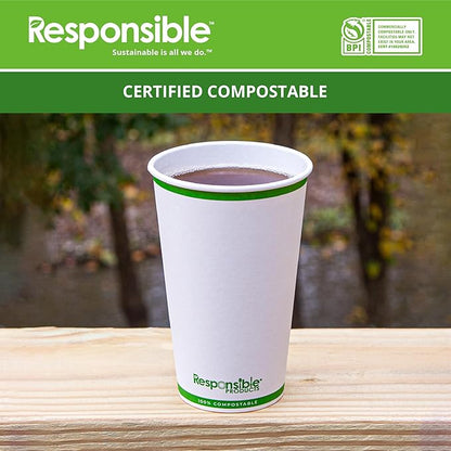 Responsible Products Certified Compostable 16 oz Paper Cups, Cold ＆ Hot Coffee Cups, Disposable Paper Cups, Extra Strength Disposable Cups, Made without PFAS (50 count)