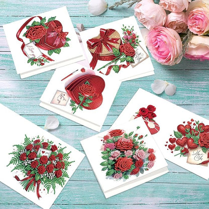 jinglinhh 12pcs Valentine's Day Diamond Art Painting Rose Flower Love Heart Cake Greeting Cards with Envelopes, DIY Card Making Kits for Adults, Diamond Art Holiday Birthday Cards Craft Gifts