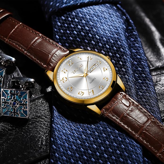 Men's Watch Big Face Easy Read Arabic Numeral Dress Watches for Men Classic Black Brown Leather Band Analog Mens Wrist Watch with Day and Date Fashion Business Waterproof Luminous Quartz Watch