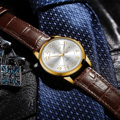 Men's Watch Big Face Easy Read Arabic Numeral Dress Watches for Men Classic Black Brown Leather Band Analog Mens Wrist Watch with Day and Date Fashion Business Waterproof Luminous Quartz Watch