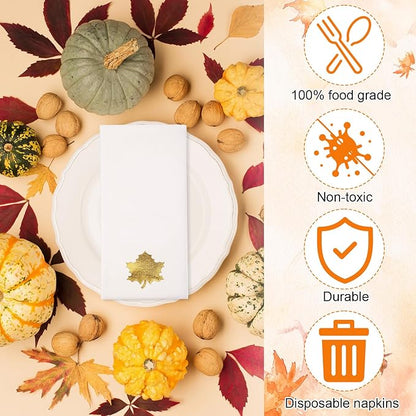 Janlaugh 100 Pcs Gold Thanksgiving Linen Disposable Bathroom Hand Towels Pumpkin Maple Leaves Foil Stamped Guest Napkins 12"x17" Paper Towels for Bathroom Home Lunch Dinner Kitchen(Maple Leaf)