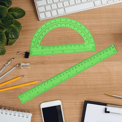 2 Packs 12 Inch Plastic Ruler and 6 Inch Plastic Protractor Set Clear Math Geometry Set Classroom Set Angle Detector School Supplies Classroom Ruler Home Office Drawings (Green)