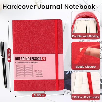 Lined Journal Notebook for Women Men 216 Pages A5 Hardcover Journals for Writing Daily Journaling Notebook for Work, School, Note Taking, Business, Travel Red
