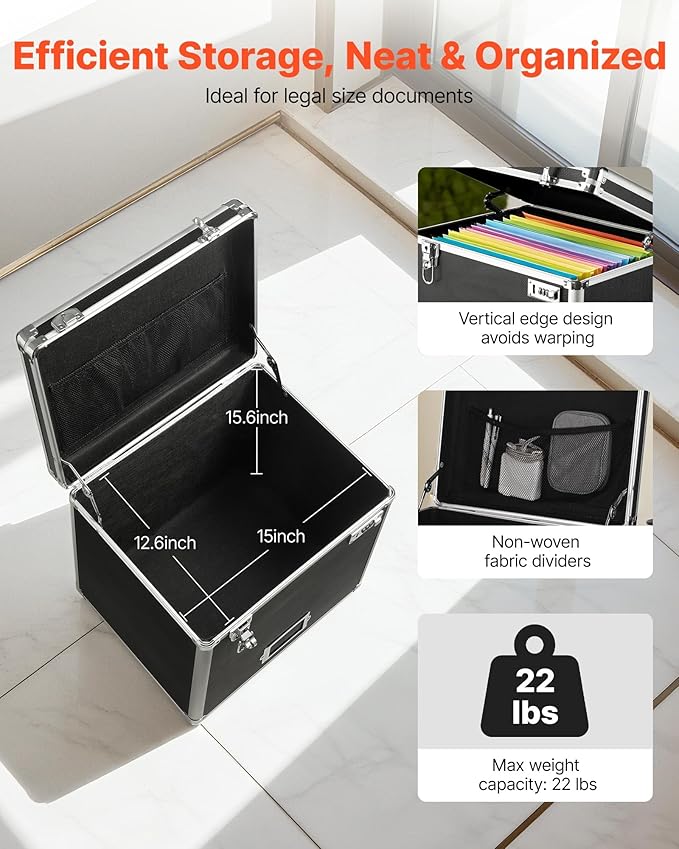 VEVOR Portable File Storage Box, 15.6 x 12.6 x 15 inch Internal Chest Size, Locking Mobile Business Case with Telescopic Handle, Hand pull File Case for Office Home, Offices, Hospitals, Banks