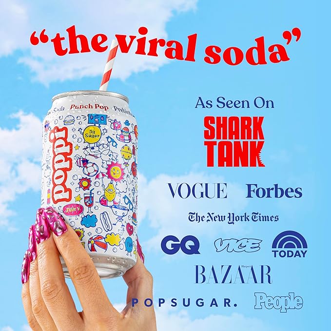 Poppi Sparkling Prebiotic Soda Beverage with Apple Cider Vinegar, Seltzer Water and Fruit Juice, Punch Pop, 12 Fl Oz, Pack of 12