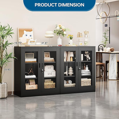 Storage Cabinet with 2 Adjustable Shelves, 35.4 Inches Metal Curio Display Cabinet with 2 Acrylic Doors, Locking Glass Display Case for Home, Office, Pantry, Assemble Required (Black)