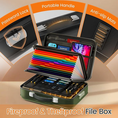 Fireproof Document Box with Lock, 5200°F Fireproof Water Resistant Hard Case File Organizer Safe Box for Important Documents, Certificates, Laptop, Passports (Green)