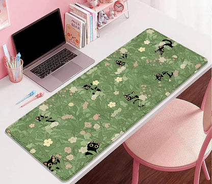 Cute Cats Desk Pad Mouse Pad,Sage Green Plants Flowers Floral Mouse Mat Large,Stitched Edges Non-Slip Waterproof Rubber Base Mous Mat for Office Home Work Gaming(27.5X11.8 in)