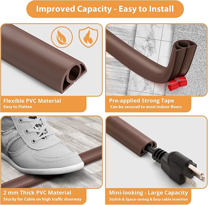 5ft Cord Cover Floor for Extension Cords, Self-Adhesive Floor Cable Cover to Protect Cables & Prevent Tripping, PVC Cord Hider Protector, Internal Wire Management Channel Diameter: 0.39",Brown