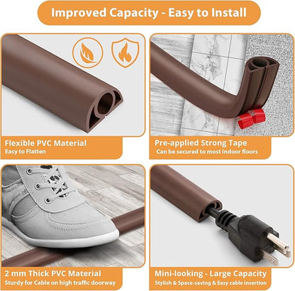 5ft Cord Cover Floor for Extension Cords, Self-Adhesive Floor Cable Cover to Protect Cables & Prevent Tripping, PVC Cord Hider Protector, Internal Wire Management Channel Diameter: 0.39",Brown