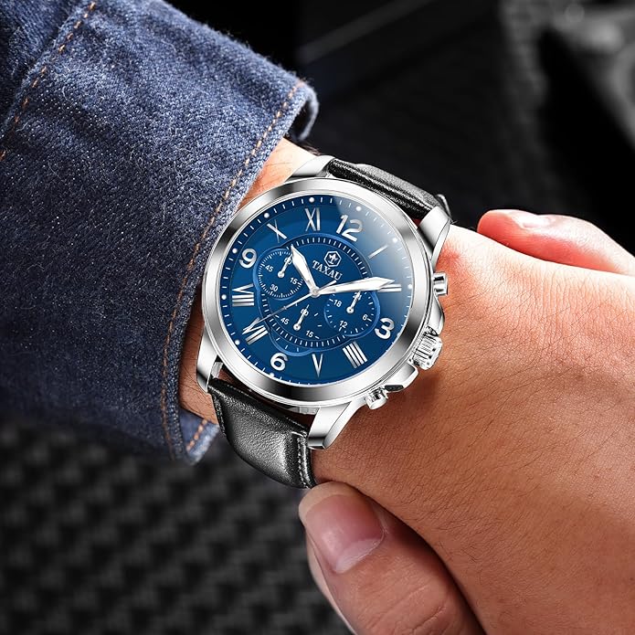 Mens Watches Luxury Dress Waterproof Leather Watch with Date Day Analog Quartz Large Number Wrist Watch Casual Classic Luminous Scales Big Face Easy Read Reloj para Hombre