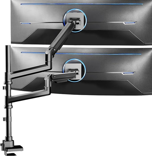 VIVO Pneumatic Arm Dual Ultrawide Monitor Extra Tall Desk Mount for Up to 49 inch Screens, Heavy Duty Clamp, Holds 2 Ultra Wides Up to 44 lbs, Black, STAND-V120K