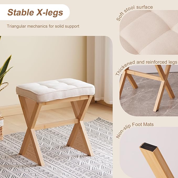 FILWH Foot Stool Small Ottoman Foot Rest Padded Foot Stool Desk Foot Stool for Under Office Desk Vanity Stool Bamboo Footstool Sofa Footrest Shoe Stool Small Foot Stools (Natural Legs + Beige)
