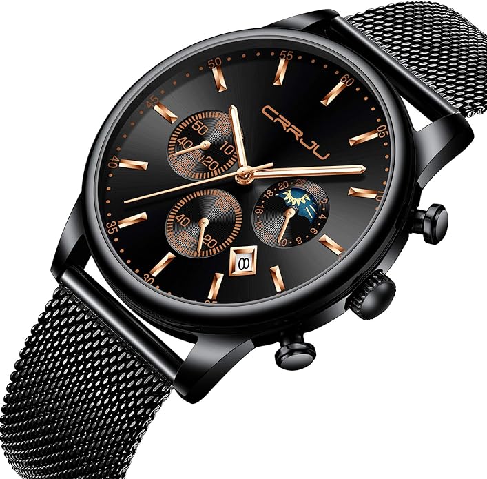CRRJU Men's Fashion Casual Watches Auto Date Chronograph Watch Men Nice Work Watches Waterproof 30M Full Steel Quartz with Mesh Strap