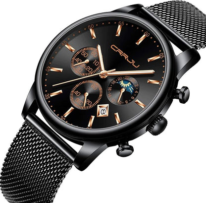 CRRJU Men's Fashion Casual Watches Auto Date Chronograph Watch Men Nice Work Watches Waterproof 30M Full Steel Quartz with Mesh Strap