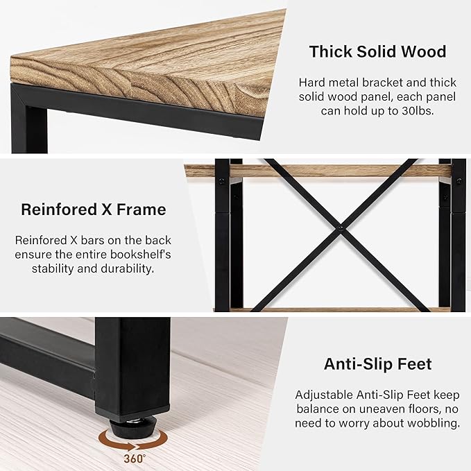 3 Tier Solid Real Wood Bookshelf Rustic Industrial Style 39.37" Width, Wooden Storage Shelves, Wooden and Metal Industrial Bookcase, Large Book Shelf Display Shelf for Home Office,Living Room