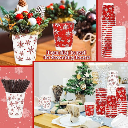 100 Count Snowflake Paper Cups 12 oz Christmas Paper Cups Disposable Red Snowflake Coffee Cups with Leak Proof Lids and and Stirrers Extra Thick Insulated Beverage Cups for Hot & Cold Liquids