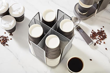 Annova Paper/Plastic Cup and Lid Holder Plastic Storage Organizer, 360°Rotating Coffee Mup Dispenser with 4 Compartments, Multifunctional Storage Rack for Home, Office, Bar, Coffee Shop (Silver)