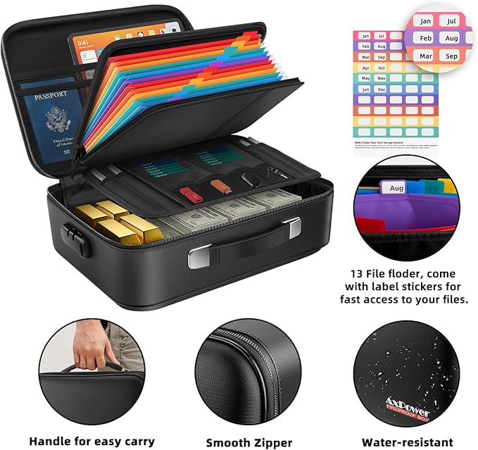 Fireproof Document Box Hard Case With Lock, Multi-Layer Fire Proof Water Resistant Safe Box File Organizer Bag With Small Money Bag for Important Documents Passport Certificates Laptop (Black)